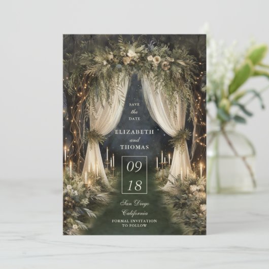 Save The Date Mariage photo Forêt enchantée Canopée romantique (Debout devant)