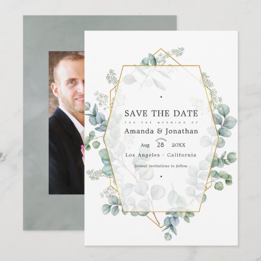 Save The Date Mariage photo géométrique Eucalyptus Sauge argenté (Devant / Derrière)