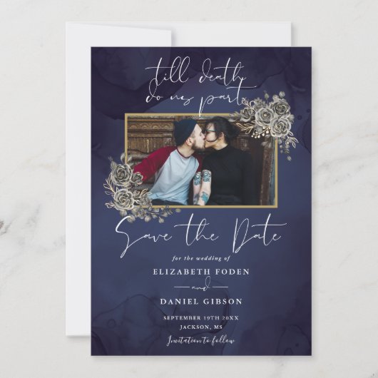 Save The Date Mariage photo gothique bleu nuit (Devant)
