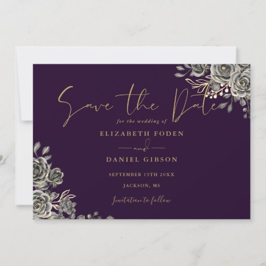 Save The Date Mariage photo gothique violet et or (Devant)