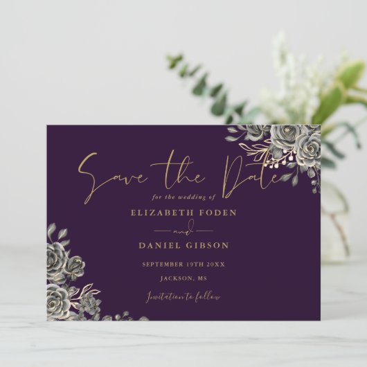 Save The Date Mariage photo gothique violet et or (Debout devant)