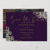 Save The Date Mariage photo gothique violet et or (Devant / Derrière)