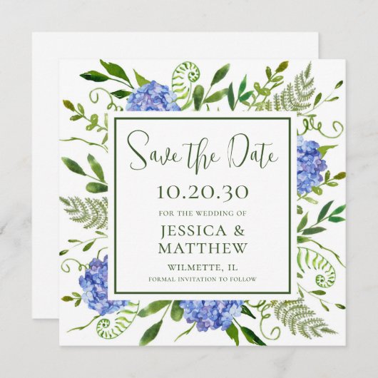 Save The Date Mariage Photo Hydrangea Bleue (Devant / Derrière)