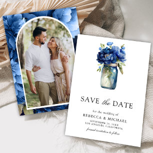 Save The Date Mariage Photo Jar Mason Floral Bleu Royal