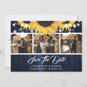 Save The Date Mariage Photo Lumières Tournesol Bois Bleu Marine