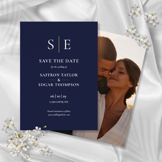 Save The Date Mariage photo Marine Blue and Gold Monogram