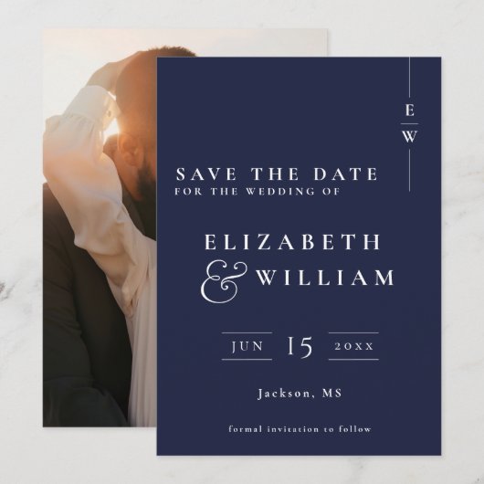 Save The Date Mariage photo Marine Blue Modern Monogram (Devant / Derrière)