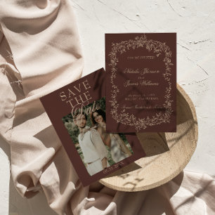 Save The Date Mariage photo marron beige floral au chocolat élég