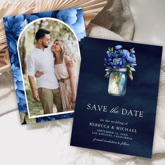 Save The Date Mariage photo Mason Jar bleu foncé
