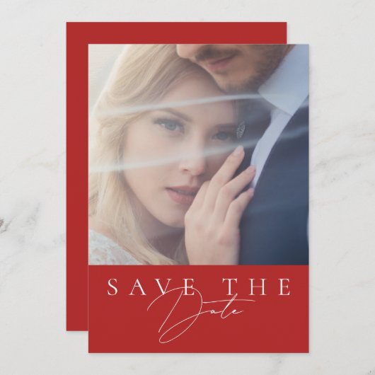 Save The Date Mariage photo minimaliste Crimson rouge (Devant / Derrière)