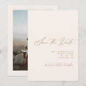 Save The Date Mariage Photo Minimaliste Écriture Ivoire & Brun (Devant / Derrière)