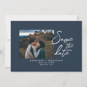 Save The Date Mariage photo minimaliste Marine Blue Calligraphy