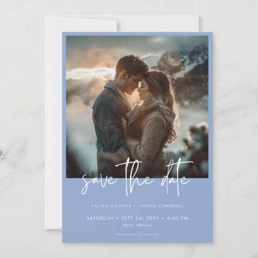 Save The Date Mariage photo moderne bleu poussiéreux minimal (Devant)