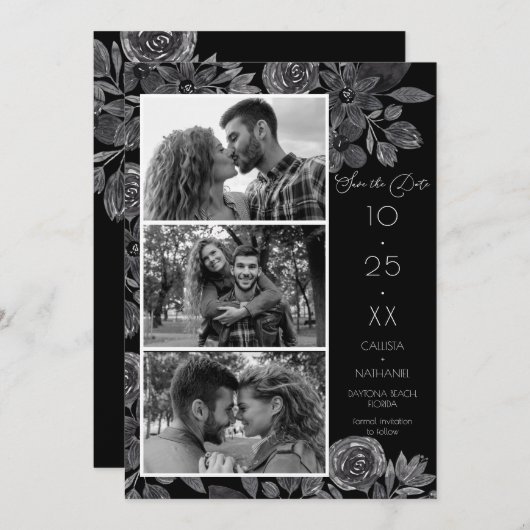 Save The Date Mariage photo moderne de couleur noire florale (Devant / Derrière)