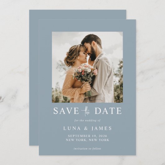 Save The Date Mariage photo moderne Dusty Blue (Devant / Derrière)