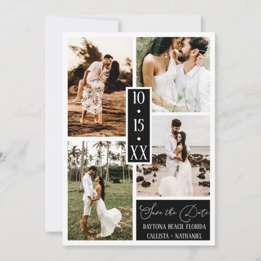 Save The Date Mariage photo moderne Elegant Blanc Noir Quatre (Devant)