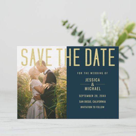 Save The Date Mariage photo moderne Elegant Simple Deep Blue (Debout devant)