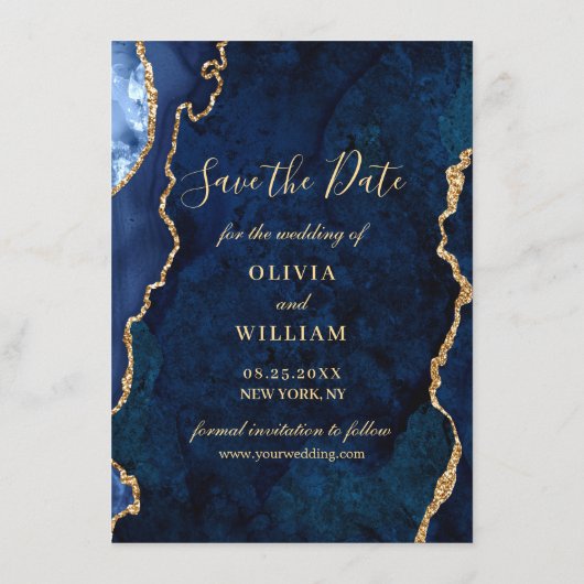 Save The Date Mariage PHOTO moderne en marbre bleu or (Dos)