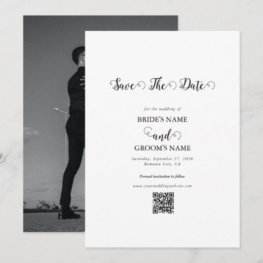 Save The Date Mariage photo moderne en noir et blanc (Devant / Derrière)