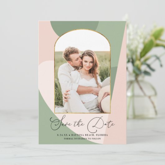 Save The Date Mariage photo moderne Geo Sage vert Dusty rose (Debout devant)