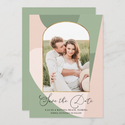 Save The Date Mariage photo moderne Geo Sage vert Dusty rose (Devant / Derrière)