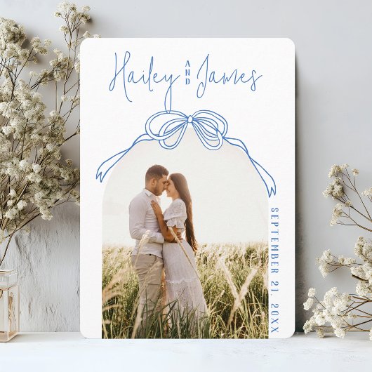 Save The Date Mariage photo moderne Quirky Hand Draw Bow BLUE