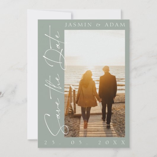 Save The Date Mariage photo moderne Sage Green Script (Devant)