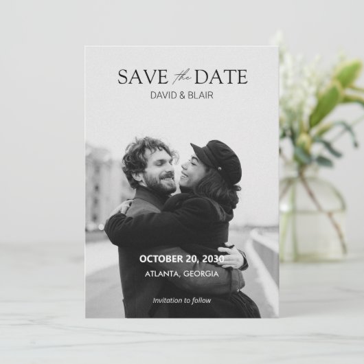 Save The Date Mariage photo moderne simple noir et blanc (Debout devant)