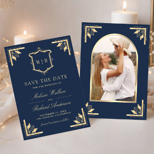 Save The Date Mariage Photo Monogramme Bleu Marine Gold Crest