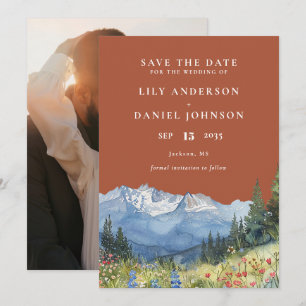 Save The Date Mariage Photo Montagne Aquarelle Terracotta