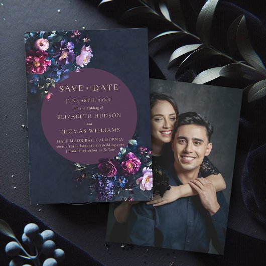 Save The Date Mariage photo Moody Dark Elegant Floral Purple