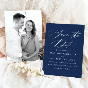 Save The Date Mariage Photo Navy Calligraphie Élégante Moderne