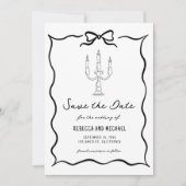 Save The Date Mariage Photo Nœud Dessiné à la Main Noir & Blanc (Devant)