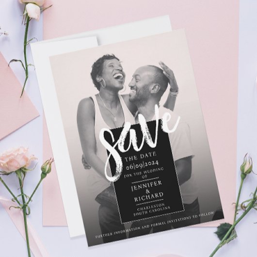 Save The Date Mariage photo noir et blanc moderne Script de pinc