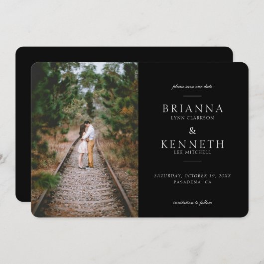 Save The Date Mariage photo noir moderne simple élégant (Devant / Derrière)