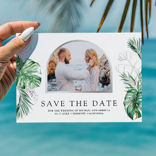 Save The Date Mariage Photo Palmier Monstera Argent Tropical