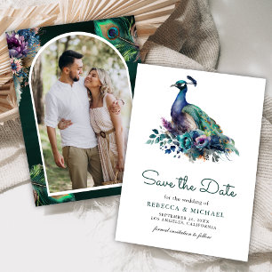 Save The Date Mariage Photo Paon Floral Vert Émeraude
