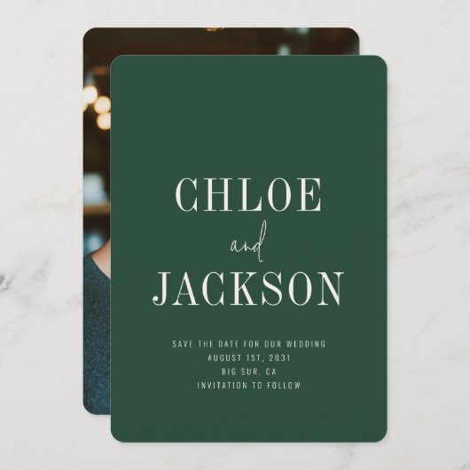 Save The Date Mariage photo personnalisé moderne vert forêt (Devant / Derrière)