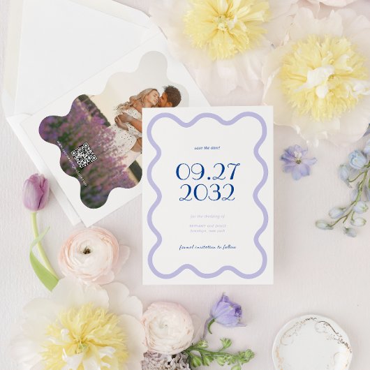 Save The Date Mariage photo QR Code Blue Lavender Wave Scallop