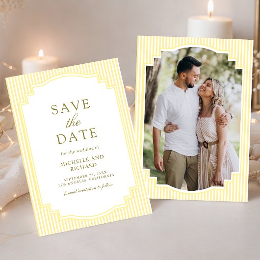 Save The Date Mariage Photo Rayé Jaune Classique