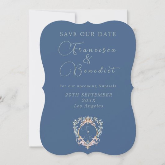 Save The Date Mariage Photo Regency Era Blue Monogramme (Devant)