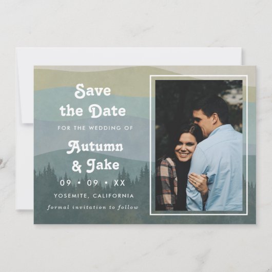Save The Date Mariage photo rétro Blue Mountains et forêt (Devant)