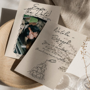 Save The Date Mariage photo Retro Hand Drawn Champagne