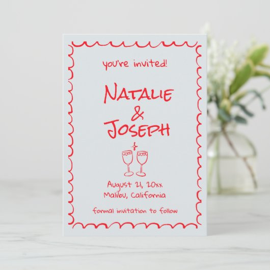 Save The Date Mariage photo Retro Hand Drawn Écrit Red Quirky (Debout devant)