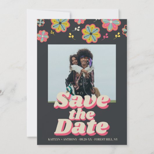 Save The Date Mariage photo Retro Super de Flower Power 70 (Devant)