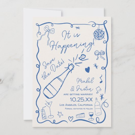 Save The Date Mariage photo retro tendance bleu français illustr (Devant)