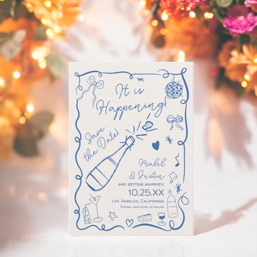 Save The Date Mariage photo retro tendance bleu français illustr