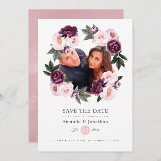 Save The Date Mariage photo rose pâle et velours profond (Devant / Derrière)