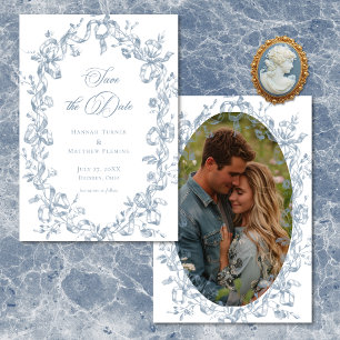 Save The Date Mariage Photo Ruban Floral Bleu Élégant Classique