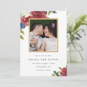 Save The Date Mariage photo Rustic Red et Blue Floral (Debout devant)